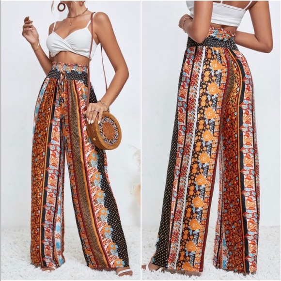 Boho Paisley Floral Polka Dot Print High Waist Rise Wide Leg Palazzo Pants - Picture 3 of 13